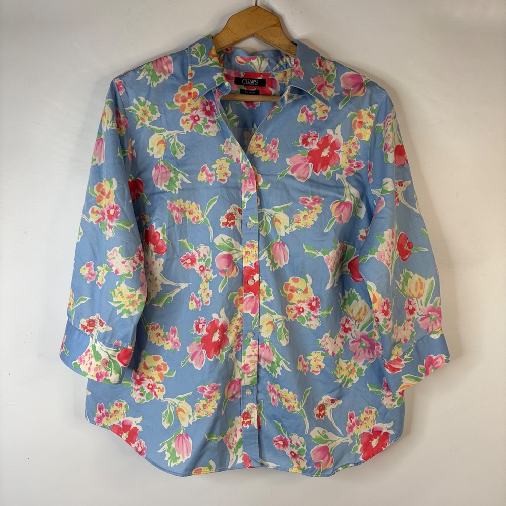 Chaps Button Up Shirt Women 1X Blue Floral No Iron 3/4 Sleeve Cotton Top